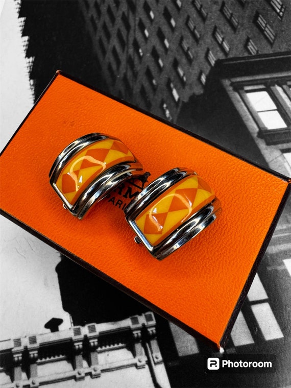 Hermes Cloisonné Enamel Orange Harlequin Earrings