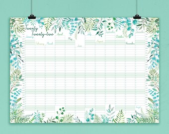 PRINTABLE 2022 Lush Greenery Botanical Wall Calendar, Yearly Planner, 2022 Calendar, Year Organiser, Wall Planner