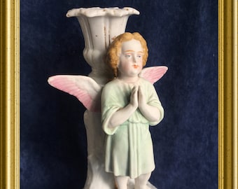 Antique porcelain candle holder: standing angel