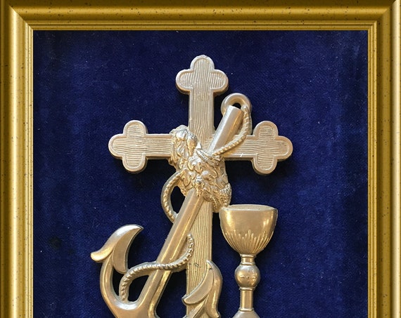 Vintage metal holy water font: anchor, cross, chalice/ goblet, faith en hope