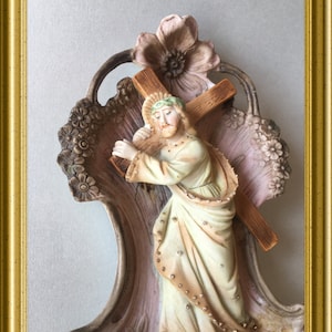Antique large bisque porcelain holy water font : Jesus with cross