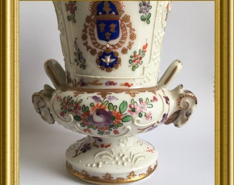 Antique small porcelain vase/ urn: Edme Samson Paris, armorial, heraldic