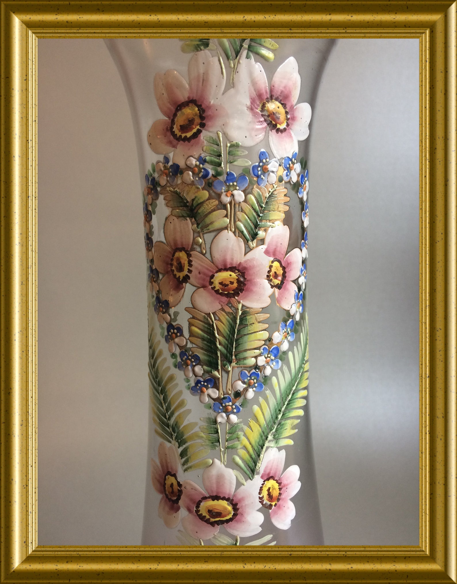 Antique Pink Glass Vase With Enamel Painted Flowers Etsy