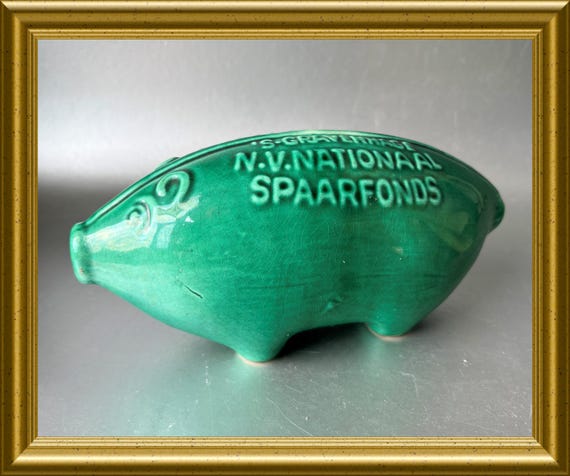 Vintage green ceramic piggy bank, money box