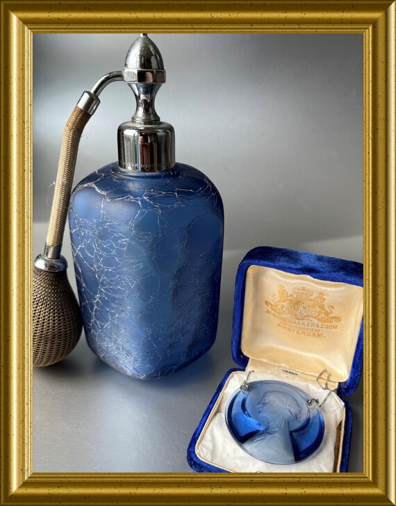 Lovely blue crackle glass perfume bottle atomizer : Marcel Franck