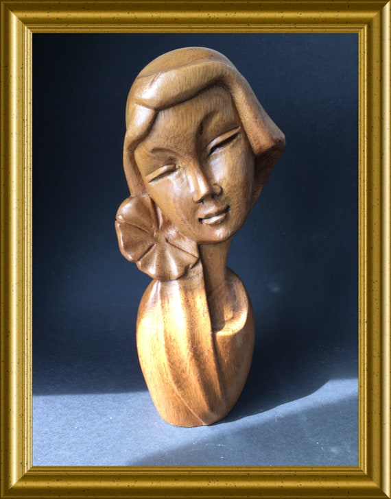 Art deco woodcarving: wooden bust, head, eastern lady