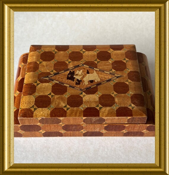 Art deco inlaid wooden box: marquetry, Scotty dogs