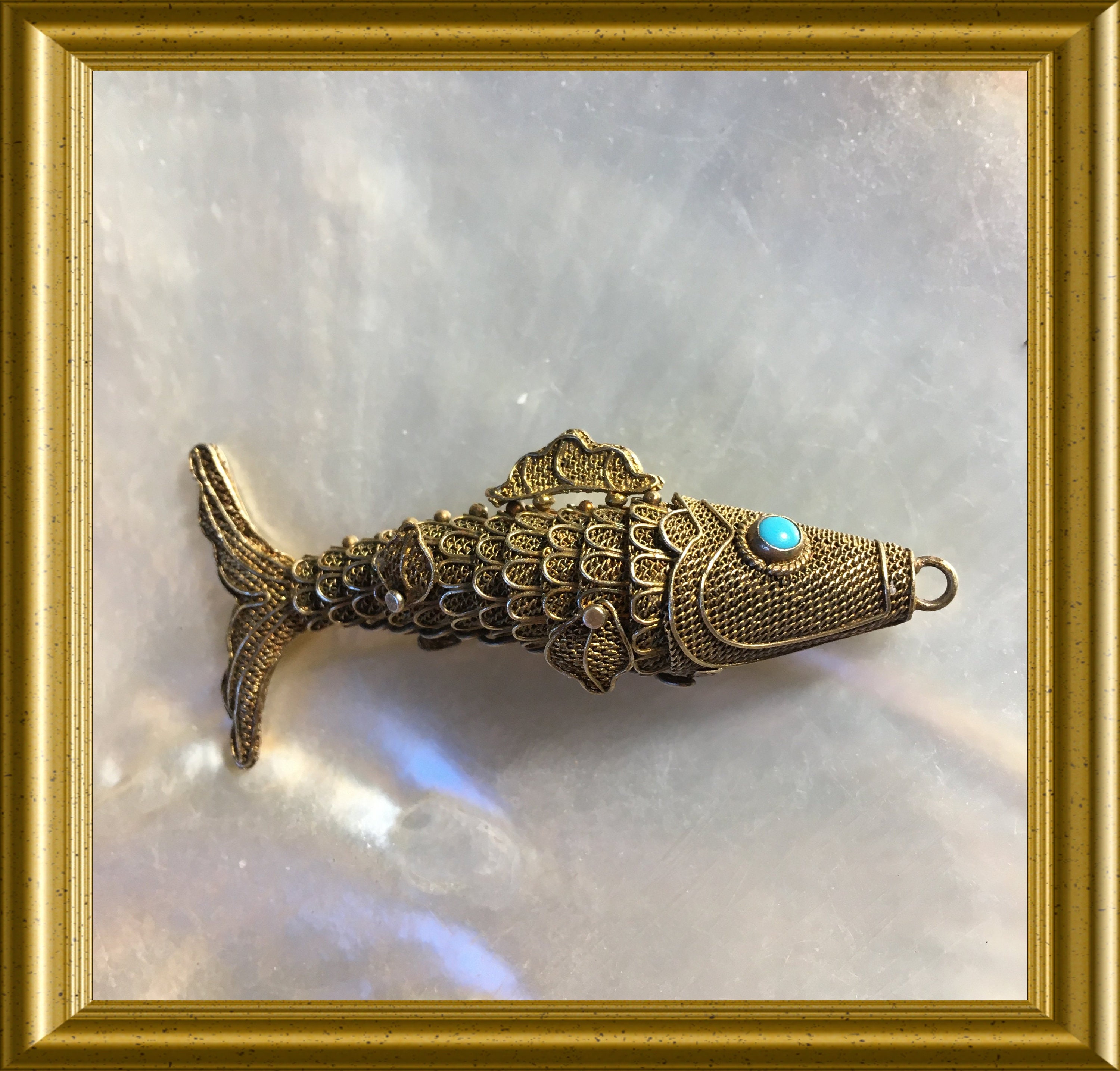 Vintage filigree gilt silver pendant: fish