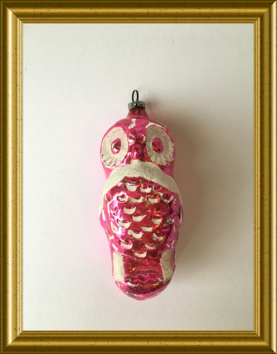 Antique glass christmas ornament: pink owl
