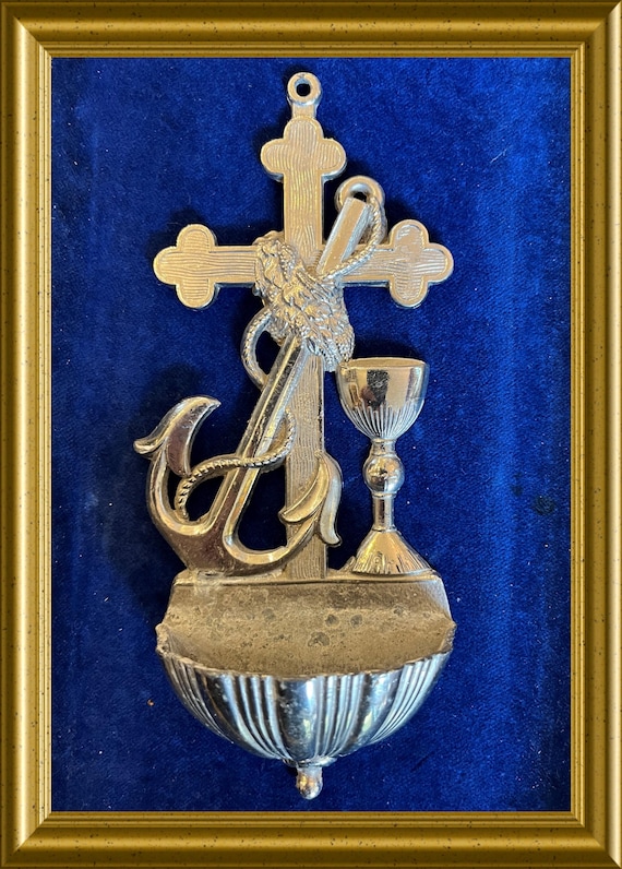 Vintage metal holy water font: anchor, cross, chalice/ goblet, faith en hope