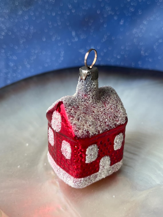 Vintage glass Christmas ornament: red house