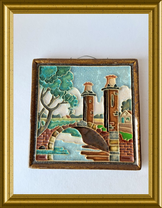 Vintage Porceleyne Fles Delft cloisonne tile : bridge Sion