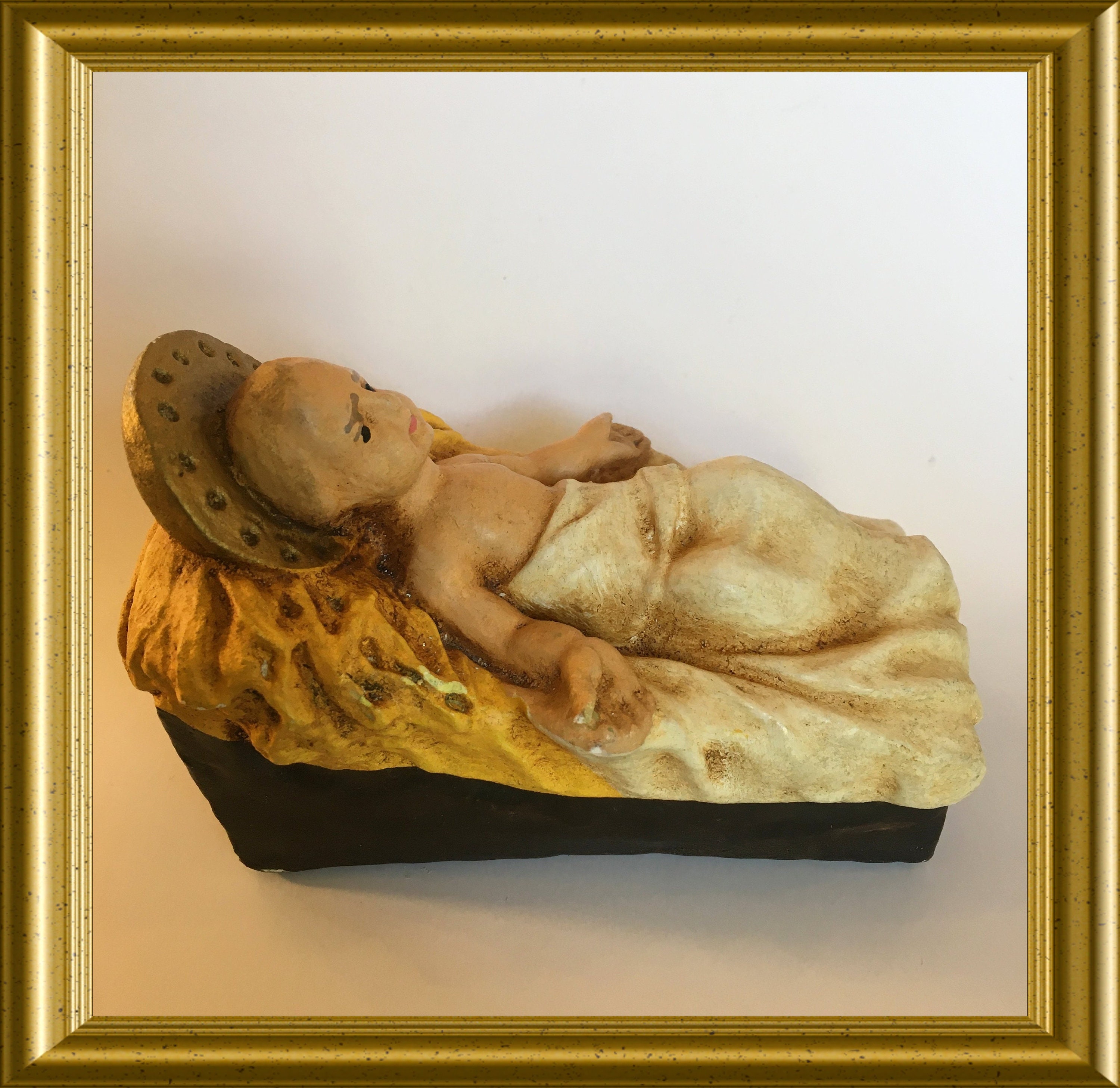 Vintage plaster figurine baby Jesus, infant Jesus, crib, manger