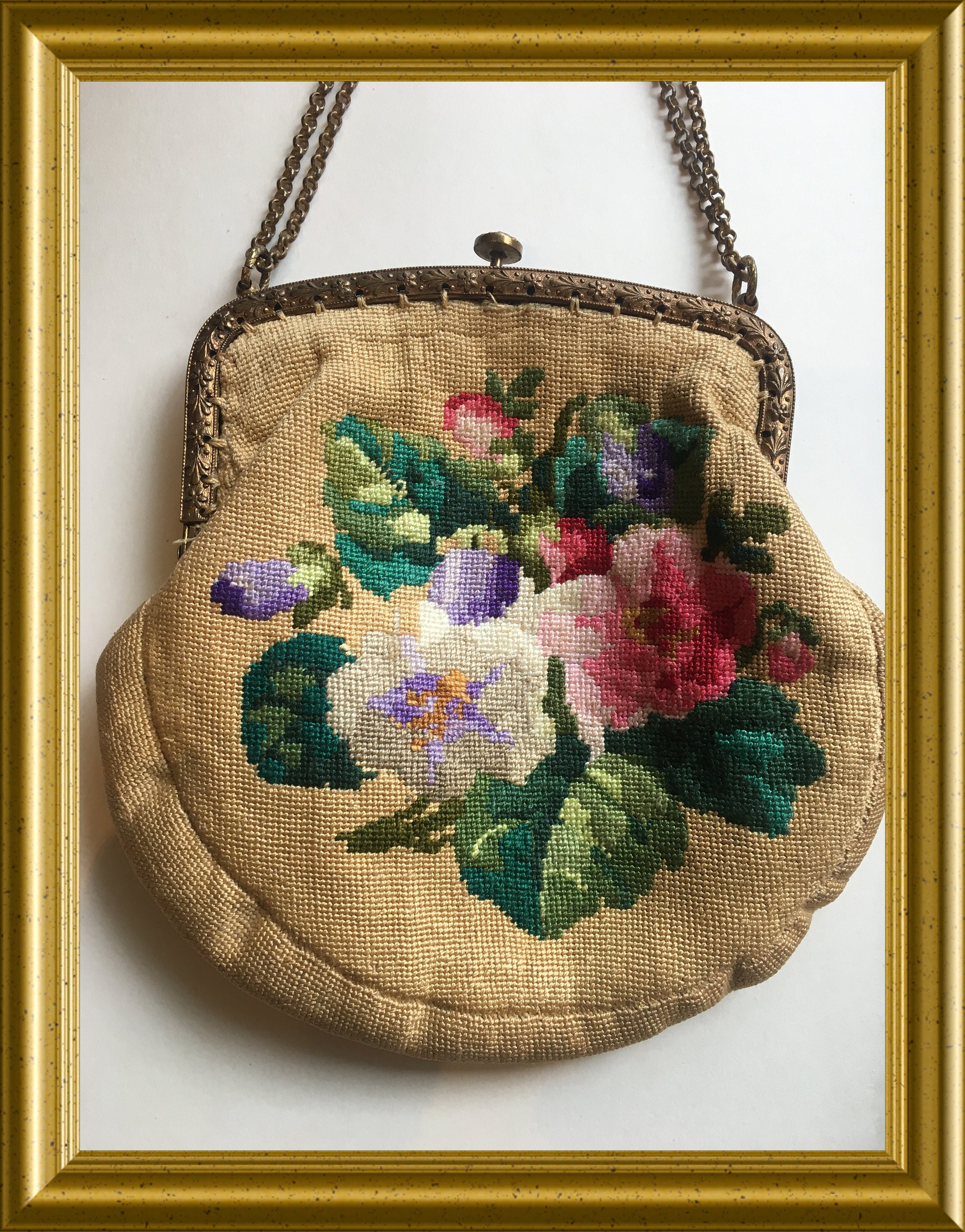 Antique gobelin purse, handbag, flowers