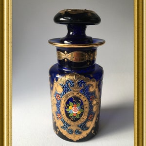 Lovely hand painted cobalt blue glass bottle