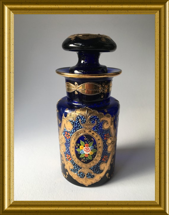 Lovely hand painted cobalt blue glass bottle