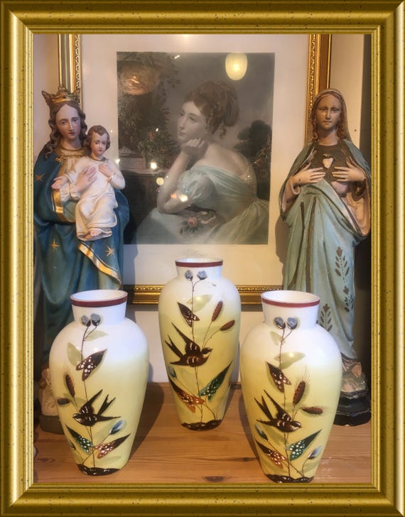 PICK UP ONLY: Three opaline glass vases, birds, swallow , No shipping!