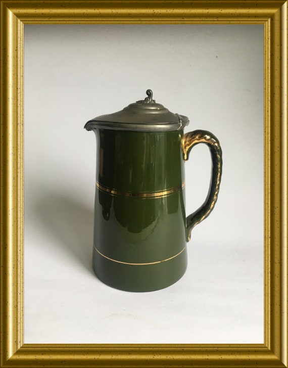Antique English ceramic chocolate/ hot water jug with pewter lid