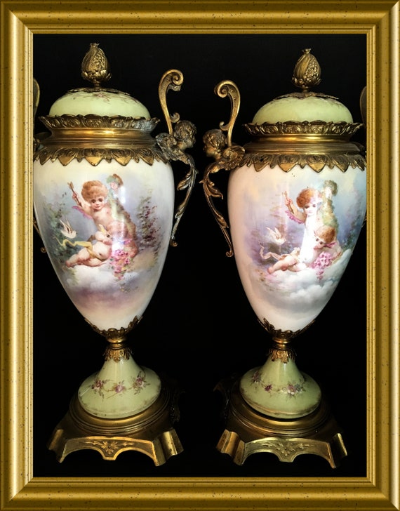 PICK UP ONLY: Two antique double handed ormolu vases, No shipping!