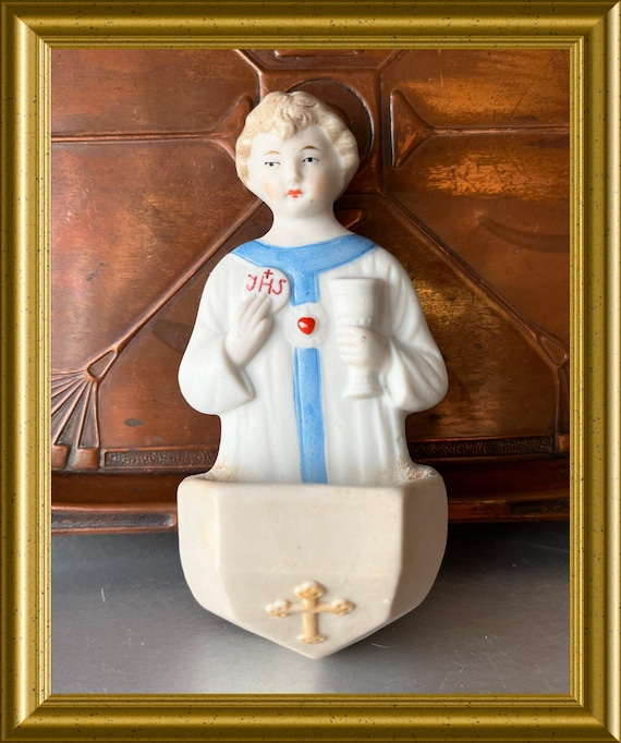 Antique bisque porcelain holy water font: sacred heart, chalice