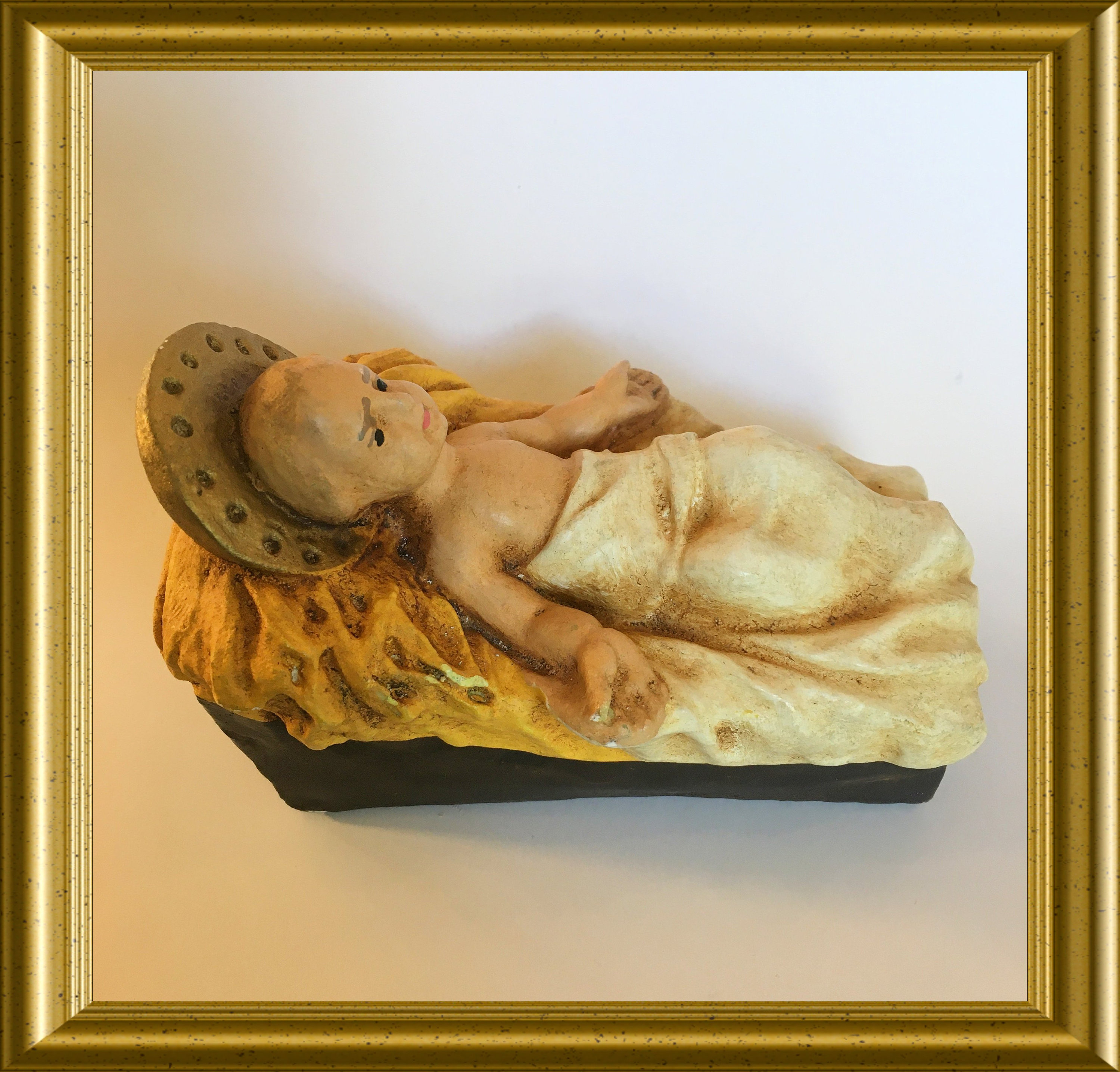 Vintage plaster figurine baby Jesus, infant Jesus, crib, manger