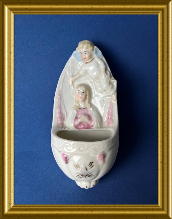 Antique porcelain holy water font: Mary with angel
