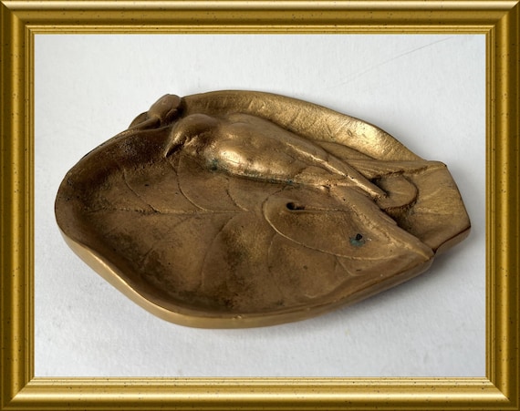 Antique heavy brass dish – swallow motif, bird