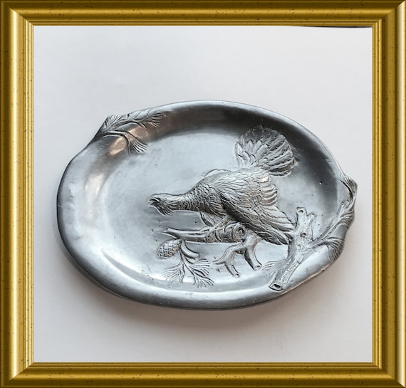 Vintage pewter dish with bird (partridge?) VCM Portugal