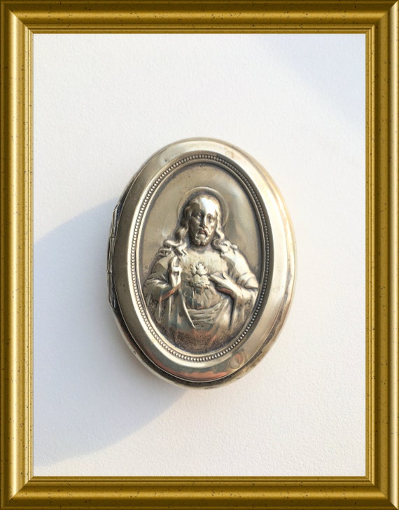 Vintage alpacca rosary box: sacred heart, Jesus Christ