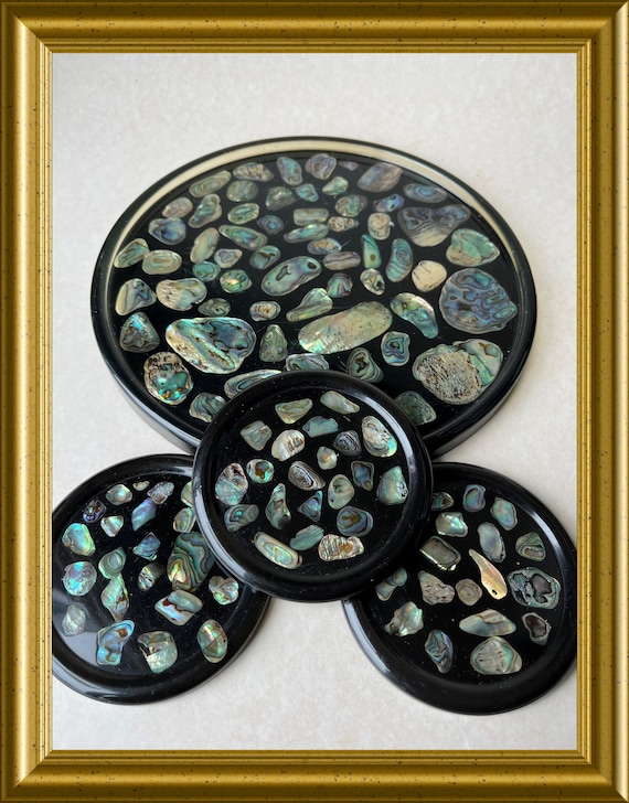 Vintage tray with 3 coasters, inlayed with abalone shell