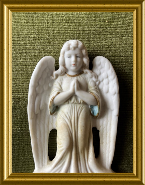 Antique bisque porcelain holy water font: angel
