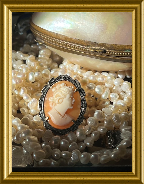 Antique small silver shell cameo brooch/ pendant: portrait