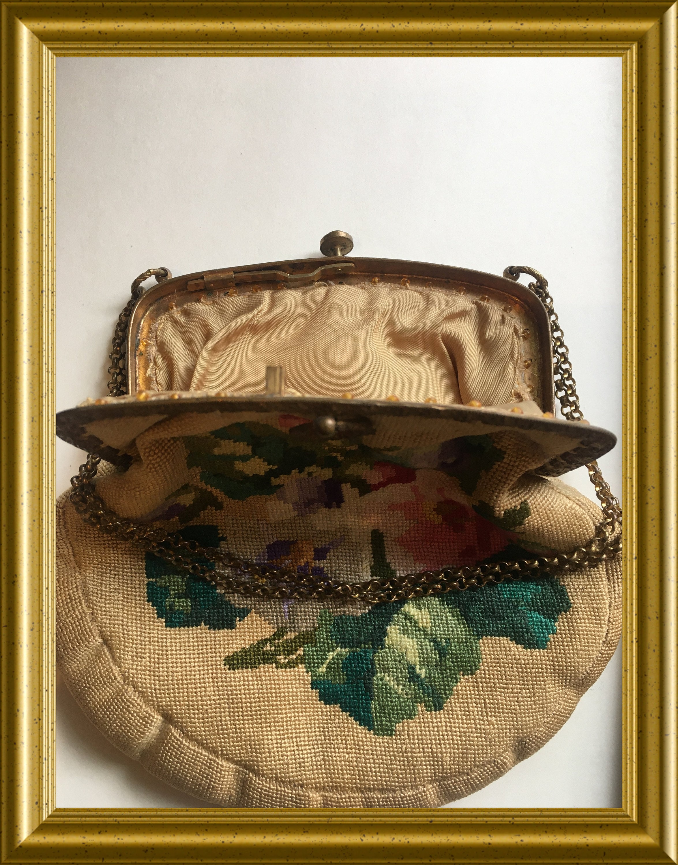 Antique gobelin purse, handbag, flowers