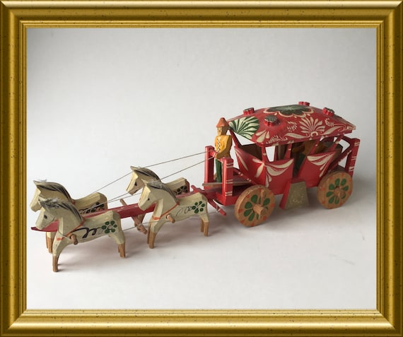 Vintage wooden hand painted toy horse and wagon, Berchtesgaden