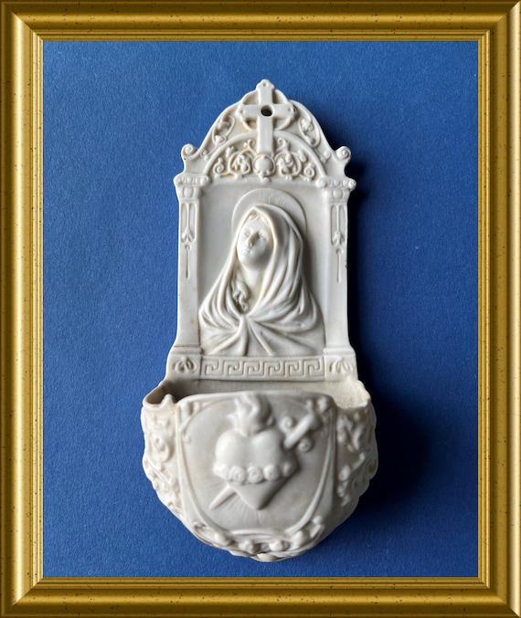 Antique white bisque porcelain holy water font: Mary