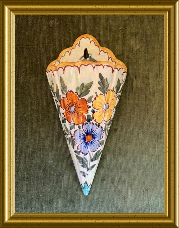 Hand painted Flora Gouda art pottery wall vase