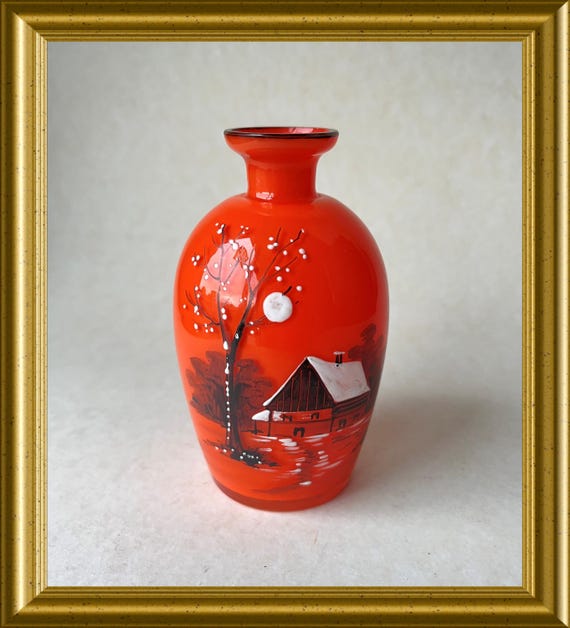 Vintage hand painted orange glass vase: winter scene