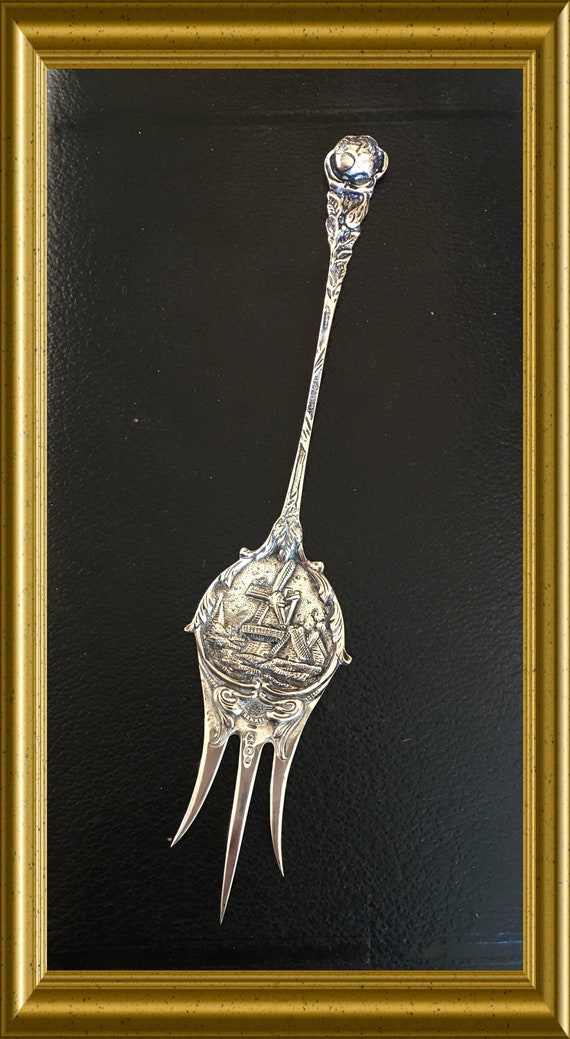 Vintage large Dutch silver cake fork; windmill, rose