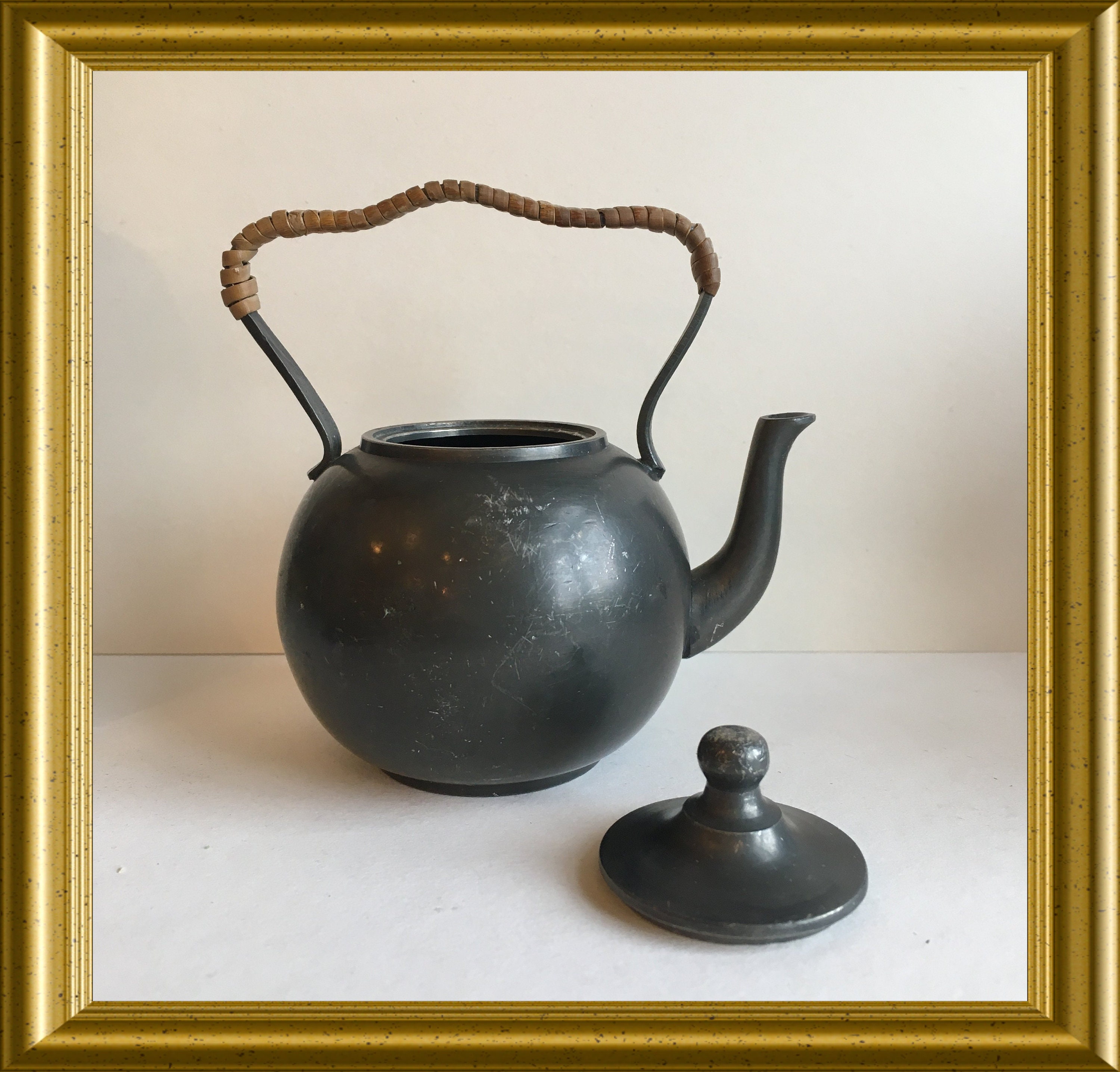 Antique toy small pewter kettle