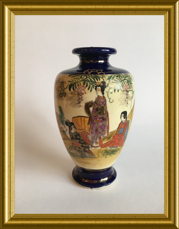 Vintage small cobalt blue Japanese ceramic vase, geisha, Satsuma Kusube