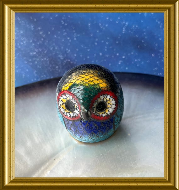 Beautiful small cloisonné statue: miniature bird, owl