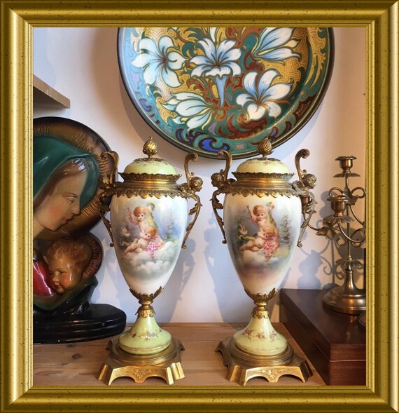 PICK UP ONLY: Two antique double handed ormolu vases, No shipping!