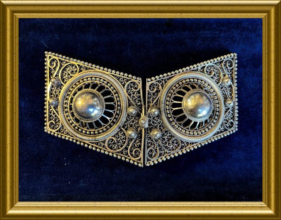 Vintage large filigree silver buckle, traditional costume