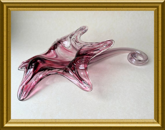 Vintage purple glass laying vase, epergne, horizontal centerpiece