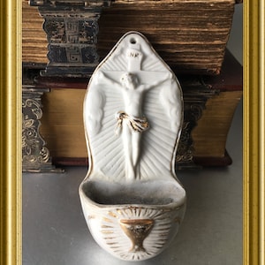 Antique porcelain holy water font: Jesus Christ, cross