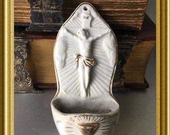 Antique porcelain holy water font: Jesus Christ, cross