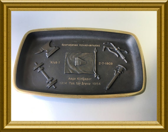 Vintage Danish bronze tray: advertisement Klingspor, train, tram