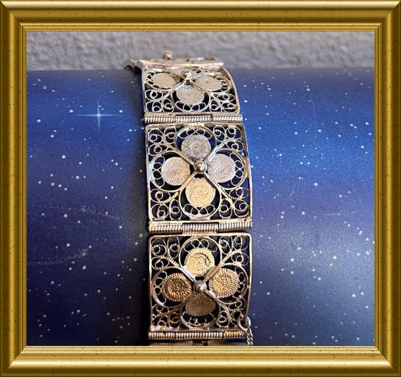 Beautiful vintage filigree silver bracelet, four leaf clover