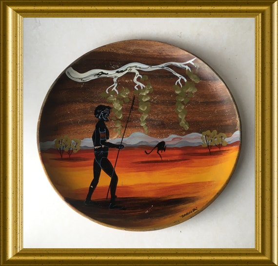 Vintage Australian signed hand painted wooden plate, aboriginal