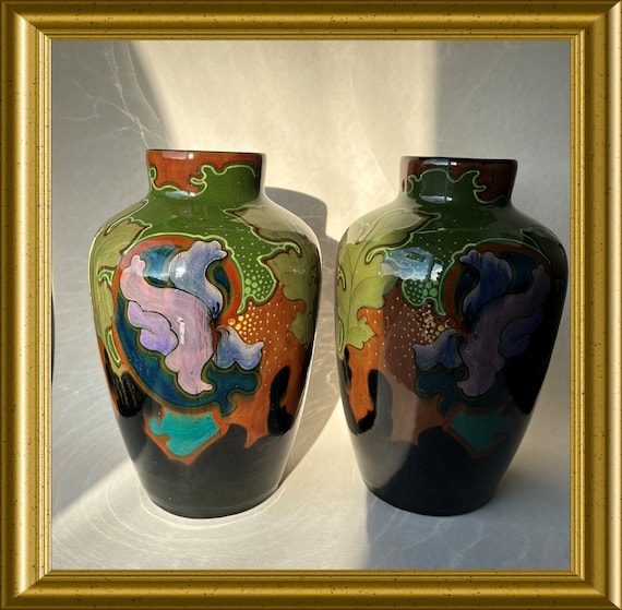 Set of two antique hand painted art pottery vases: Regina Gouda art pottery